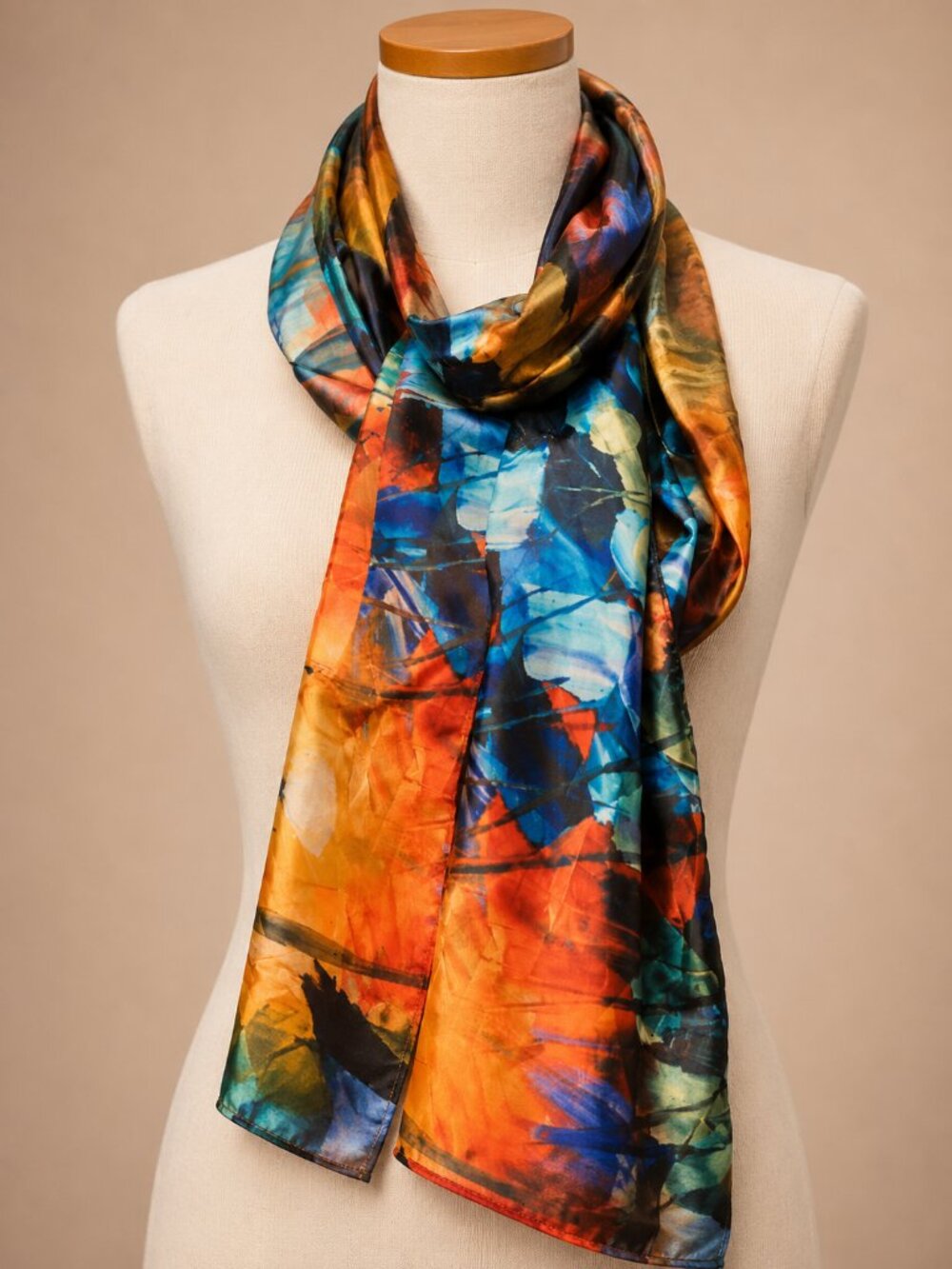 Abstract Art Scarf by Cleo – 2010s – Multicolor Silk Feel – Painterly Pattern - Picture 2 of 12